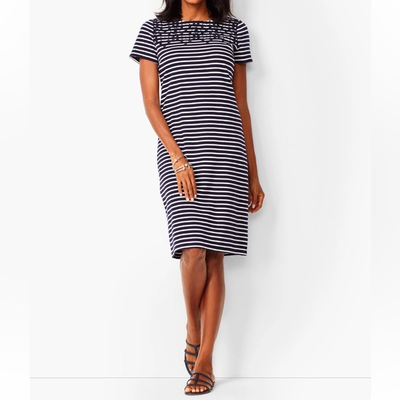 Talbots Dresses & Skirts - Talbots Embroidered Yoke Shift Dress Navy White Stripes 100% Cotton Coastal S